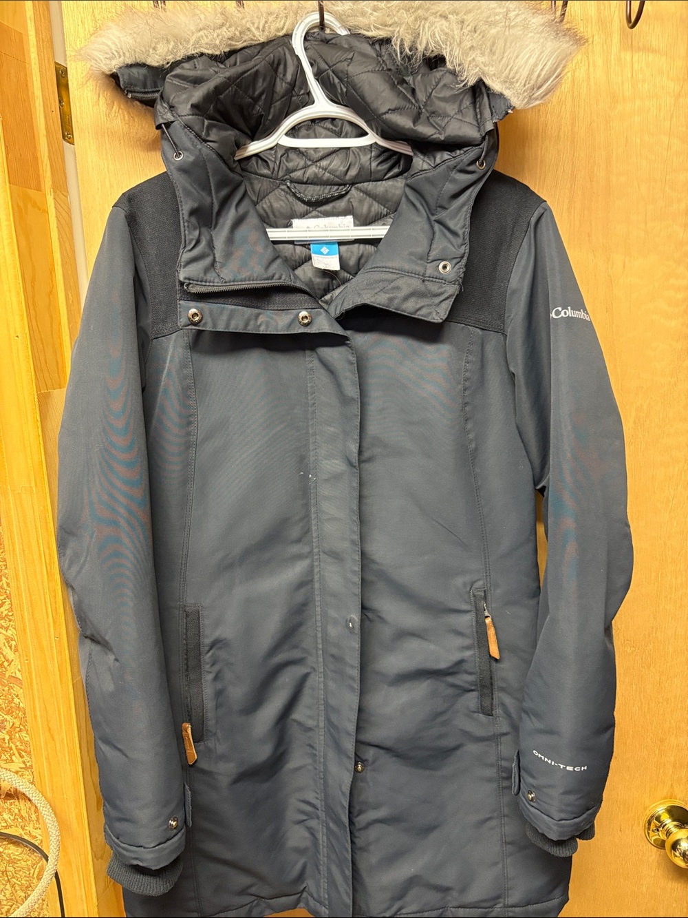 Columbia Women's Navy Quilted Hooded Winter Coat with Faux-Fur Trim